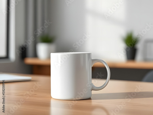 Morning Mug on Table: A pristine white coffee mug sits on a wooden table, a minimalist shot perfect for showcasing design, a peaceful moment to savor, perfect for morning rituals.