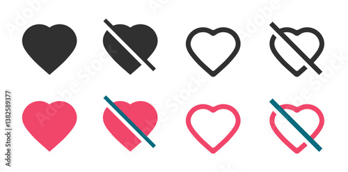 Heart add like remove dislike icon vector graphic illustration set ui interface button element, favorite unfavorite web web sign symbol pictogram line stroke solid outline image clip art