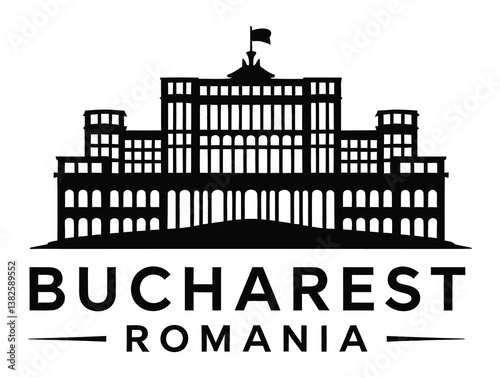 Bucharest skyline emblem showcasing iconic Romanian landmarks and historic architecture in a clean, bold silhouette style. Ideal for travel, tourism, and urban identity projects.
