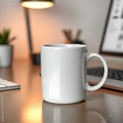 Serene Workspace: A close-up shot of a pristine white coffee mug sits on a smooth desk, with a blurred backdrop of a laptop, lamp, and plant creating a calming office atmosphere.