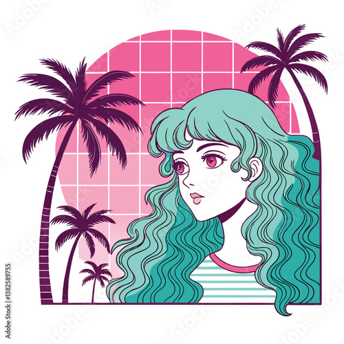 Create a vector illustration of a dreamy anime woman with bold, striking lines and vibrant colors.  Emphasis on dynamic, expressive style.