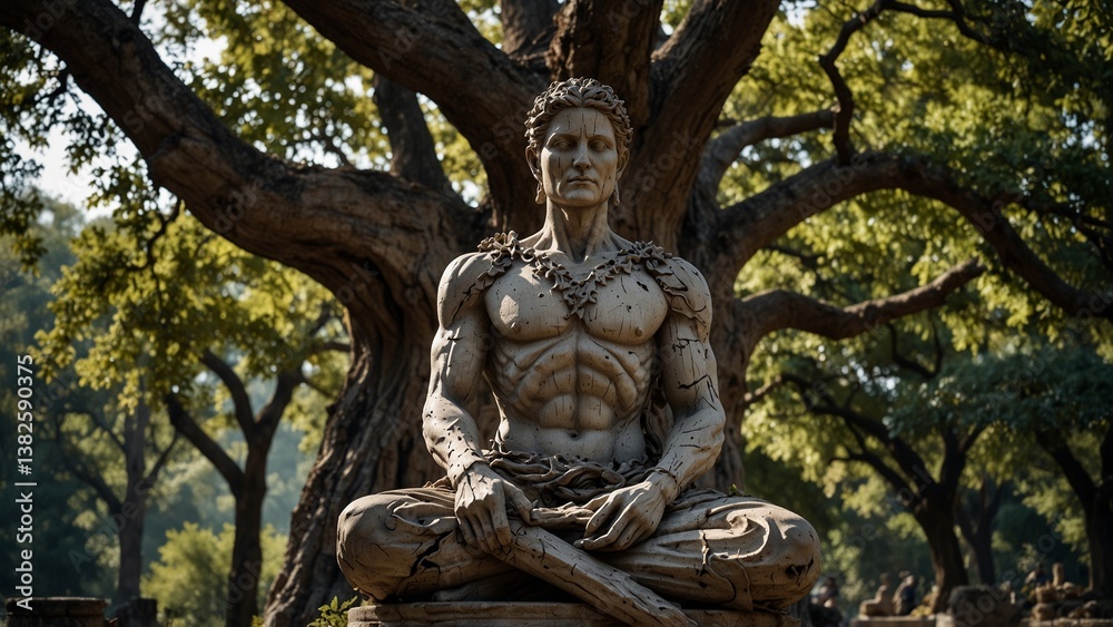 A statue of Phanata, fused with an ancient oak, symbolizing silent vows and nature's will