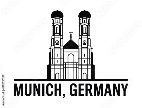 Iconic Munich skyline featuring Frauenkirche towers and modern landmarks, perfect for Bavarian tourism, city branding, and Germany-themed projects.
