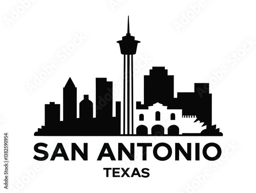 Detailed San Antonio skyline showcasing iconic landmarks and cityscape, perfect for tourism, city pride, or branding projects highlighting Texas' urban charm.