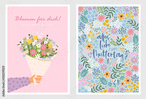 Lovely hand drawn Mother's Day card design, cute flowers and hand lettering in German "Happy Mother's Day" "Flowers for you!" - vector