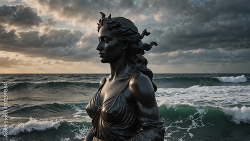 A statue of Calypso, watching distant sailors, her gown merging into the waves of the sea