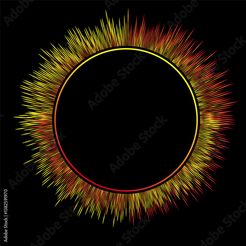 Neon glowing circular frame with burning volcanic lava. Volcano border with flaming magma cascade from black center. Gradient vector isolated on black background