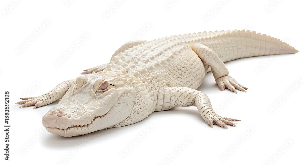 Fototapeta premium A rare albino alligator resting, white background