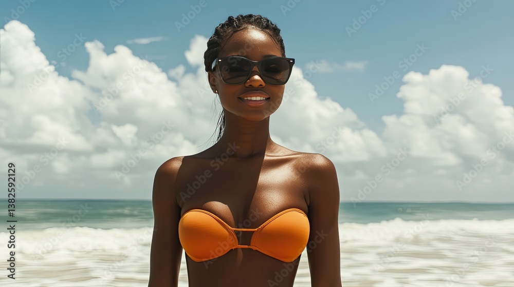 Brown woman with a tan relaxes at the beach, wearing sunglasses and an orange bikini, soaking up the sun by the water