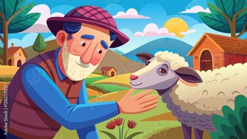 Elderly farmer gently touching sheep, showing care and connection. Ideal for agriculture, sustainability, and rural life themes.