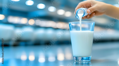  On a dairy farm, a farmer fills a container with fresh milk. photo