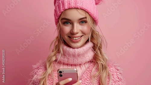 A woman with a funny expression holds her phone, dressed in a pink outfit and surrounded by a vibrant magenta backdrop, radiating joy