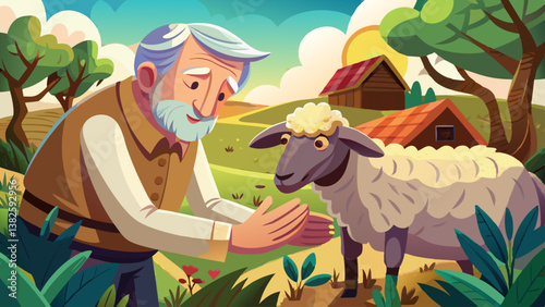 Elderly farmer gently touching sheep, showing care and connection. Ideal for agriculture, sustainability, and rural life themes.