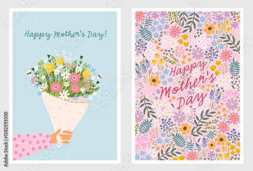 Lovely hand drawn Mother's Day card design, cute flowers and hand lettering - vector