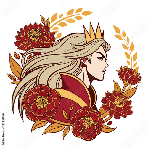 Create a vector illustration of a fierce anime queen with bold, dynamic strokes.  Emphasize strong lines and vibrant colors.