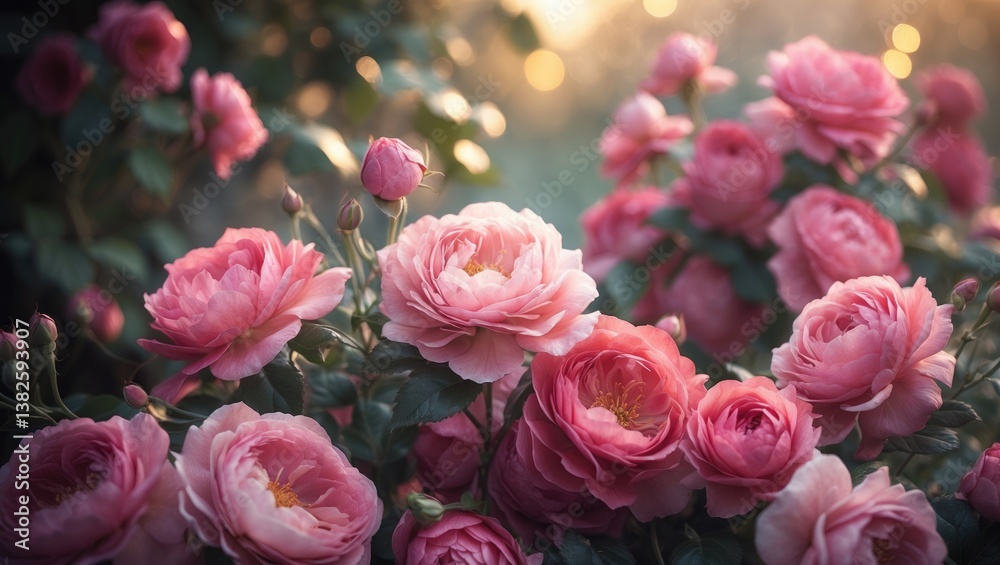A pink rose bush with blooming flowers, numerous roses, a bush, and sunlight shining on the roses. A pink rose bush with blooming flowers, numerous roses, a bush, and sunlight shining on the roses.