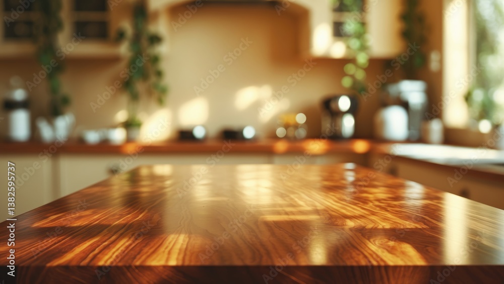 Selective focus. Wooden tabletop in front of a blurred kitchen counter background. For montage product display or design key visual layout. Selective focus. Wooden tabletop in front of a blurred kitchen counter background. For montage product display or design key visual layout.