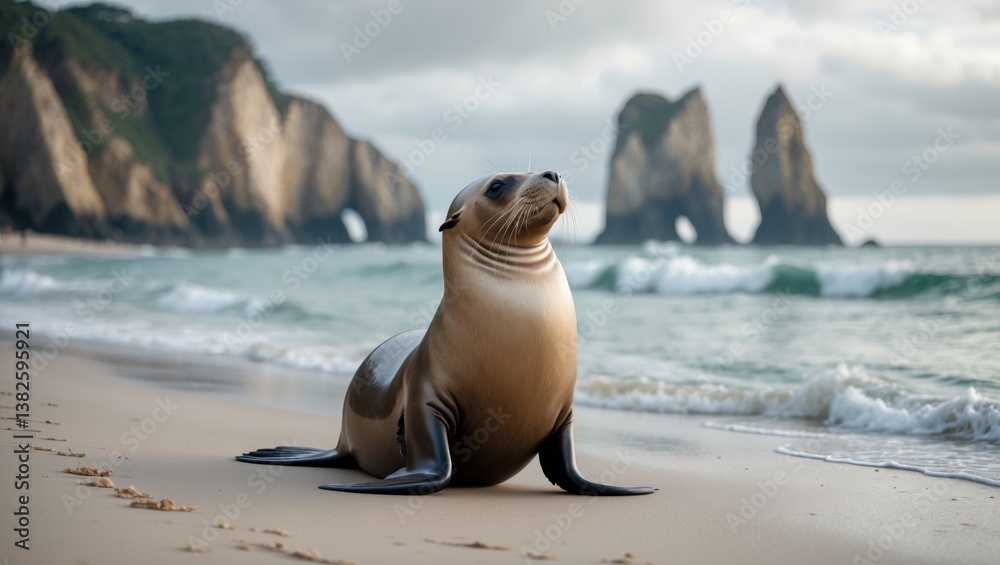 Fototapeta premium Sea lion on the shore with the rock formation in the background.