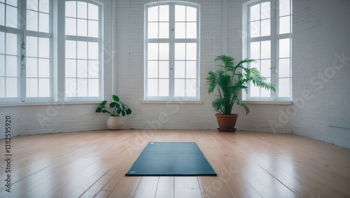 Unfurled yoga mat on wooden flooring in a contemporary fitness center or at home with large windows and walls  a cozy environment for practicing sport exercises  meditation  yoga gear.