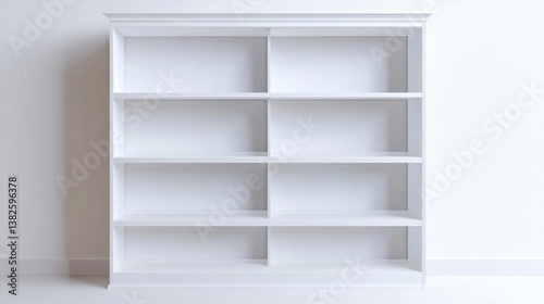 white bookcase with six shelves against white wall