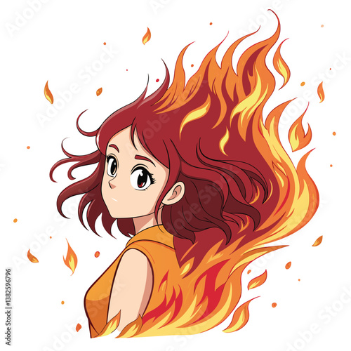 Create a vector illustration of a bold, fiery anime woman with dynamic, expressive lines and vibrant colors.  Focus on strong, impactful strokes.