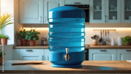 Obraz na płótnie A larger dispenser of clean water equipped with an automatic pump situated in an apartment's interior, featuring a kitchen in the backdrop. Clean and healthy water. w salonie
