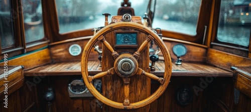 Wooden ship boat wheelhouse interior. Generative AI technology.	
 photo