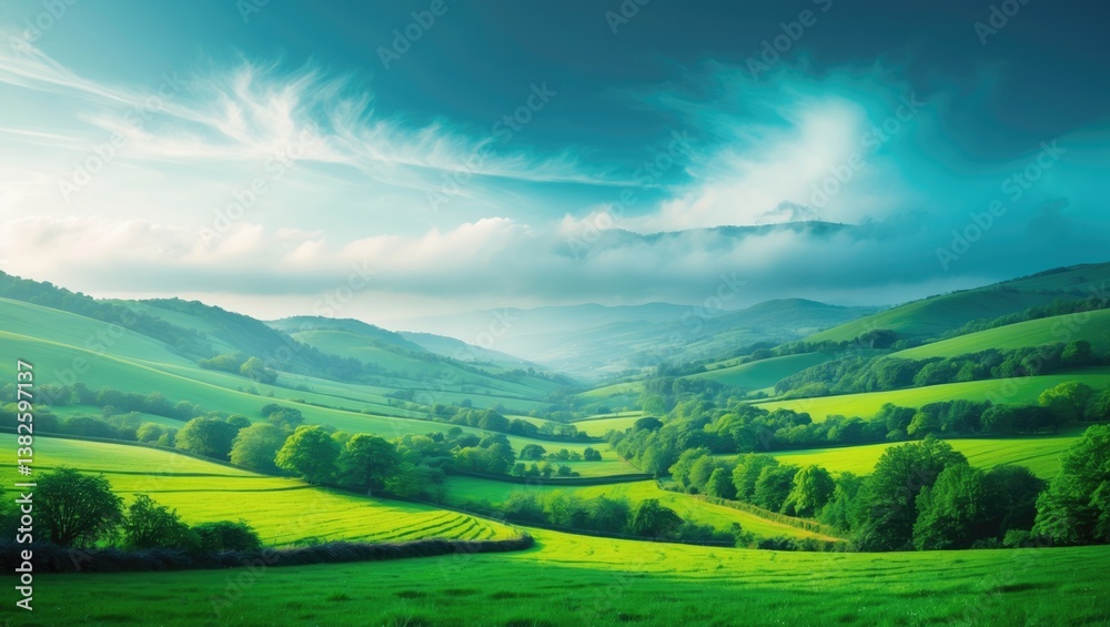 Panorama of stunning countryside. Bright afternoon. Amazing spring landscape in the mountains. Grassy field and undulating hills. Rural view. Panorama of stunning countryside. Bright afternoon. Amazing spring landscape in the mountains. Grassy field and undulating hills. Rural view.