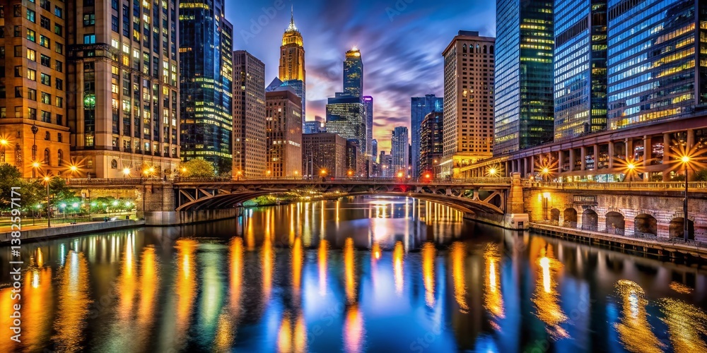Obraz premium Chicago River Bridge Night Lights Reflection Cityscape Stock Photo