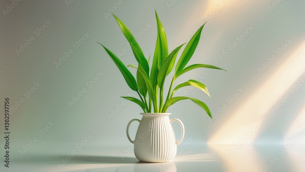 A green plant displayed in a white vase. A green plant displayed in a white vase.