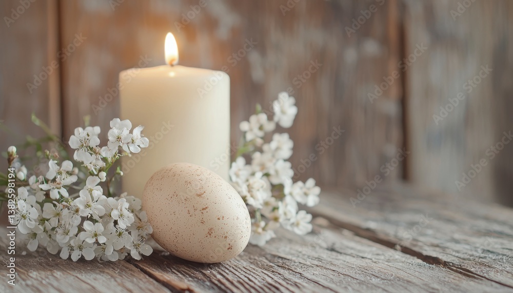 The soft glow of the candle illuminates the delicate Easter setting, casting a warm and inviting ambiance A simple egg, adorned with subtle speckles, rests gently beside a cluster of dainty white The soft glow of the candle illuminates the delicate Easter setting, casting a warm and inviting ambiance A simple egg, adorned with subtle speckles, rests gently beside a cluster of dainty white