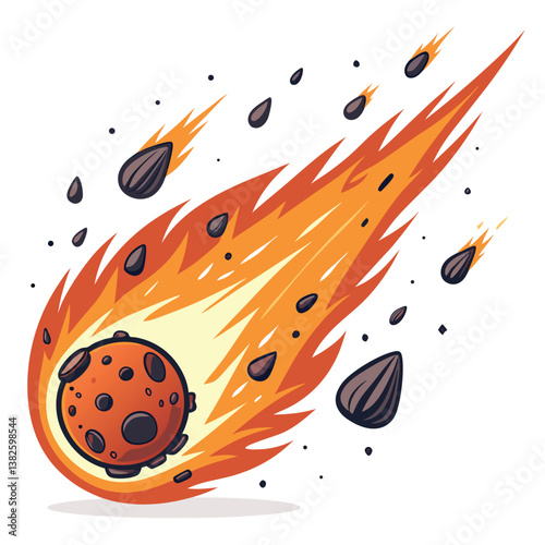 Create a bold, vector illustration of a flaming meteor crashing to Earth, with dramatic fiery strokes and intense color gradients.
