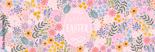Cute hand drawn Easter banner with colorful flowers, beautiful background, great for Easter cards, banner, textiles, wallpapers - vector design