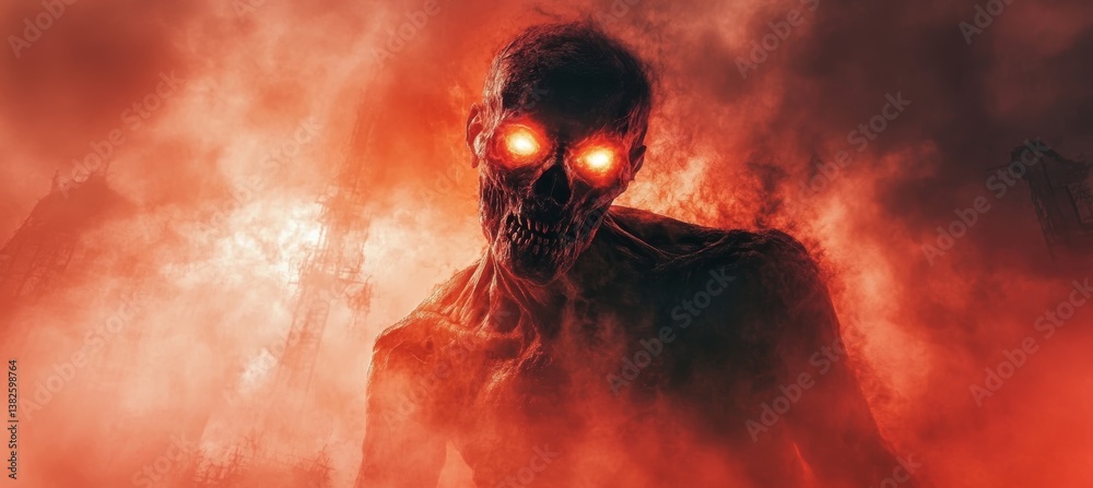 Undead zombie with red glowing eyes. Horror creepy haunted background. Generative AI technology.