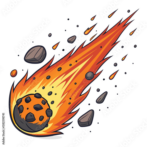 Create a vector illustration of a flaming meteor crashing, bold strokes, dynamic composition, fiery explosion.