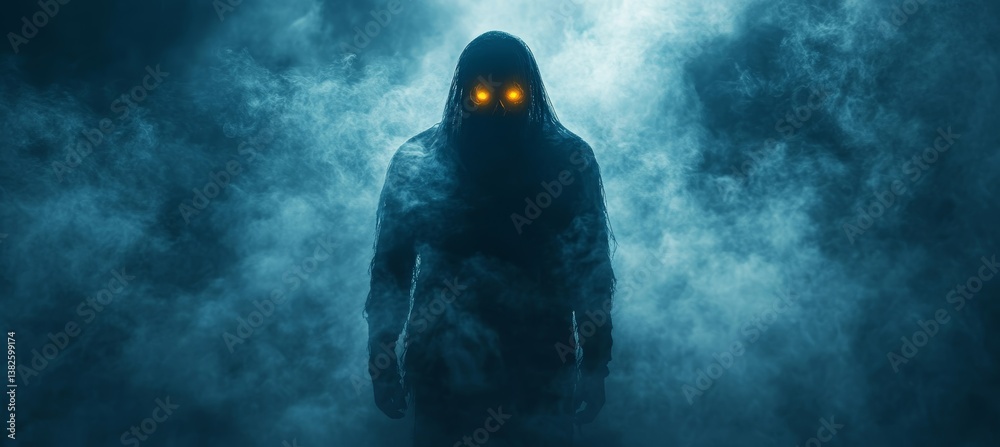 Ghost figure on dark foggy background. Horror creepy haunted background. Generative AI technology.
