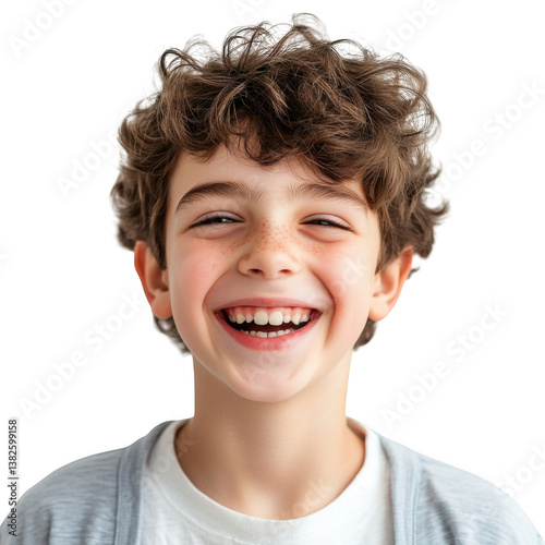 A cheerful young boy with curly brown hair is smiling broadly showing his teeth on a black background