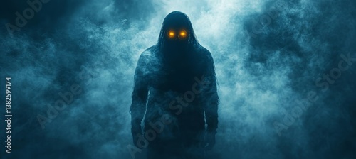 Obraz na płótnie Ghost figure on dark foggy background. Horror creepy haunted background. Generative AI technology. w salonie