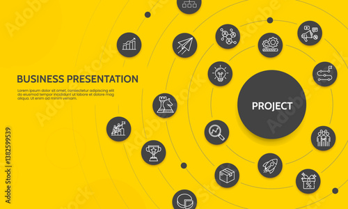 Business presentation modern circle design with icons on yellow background. Plan, Strategy, Slide and Report. Vector illustration.