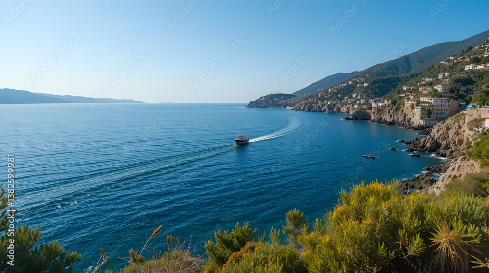 Calm, blues sea near Sardinian coast, panorama with small fishing boat sailing toward home port. Calm, blues sea near Sardinian coast, panorama with small fishing boat sailing toward home port.