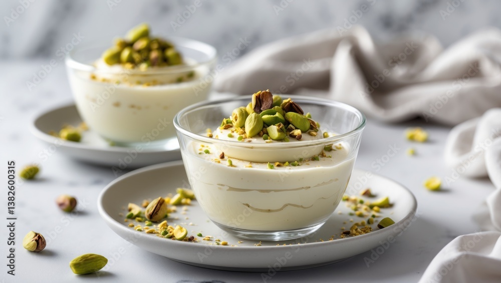 Creamy rice pudding garnished with pistachio and cinnamon in a glass bowl on a marble table. Traditional dessert. Bright and minimal background. Copy space. Top-angle view. Creamy rice pudding garnished with pistachio and cinnamon in a glass bowl on a marble table. Traditional dessert. Bright and minimal background. Copy space. Top-angle view.