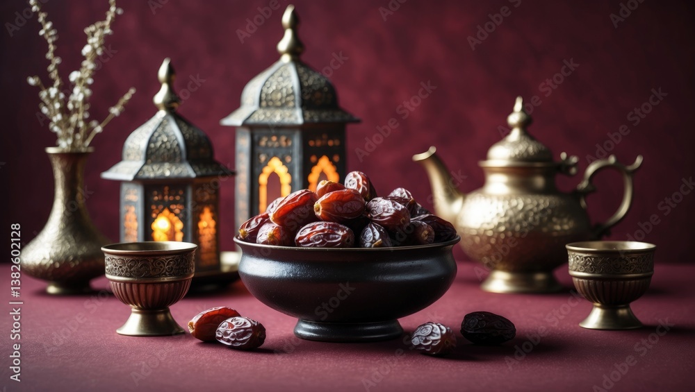 Elegant Middle Eastern arrangement showcasing a bowl of dates, decorative lanterns, antique teapot, and cups against a maroon background. Ideal for cultural themes. Elegant Middle Eastern arrangement showcasing a bowl of dates, decorative lanterns, antique teapot, and cups against a maroon background. Ideal for cultural themes.