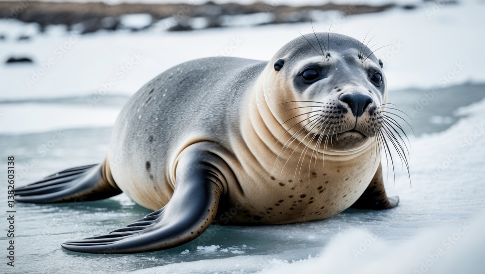 Obraz premium A large grey adult harp seal sliding on the surface of ice and snow. Its flippers, dark eyes, claws, and long whiskers are visible. The gray seal features brown, beige, and tan fur with a glossy coat.