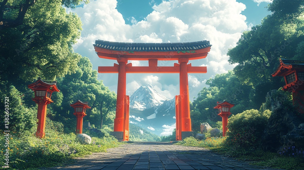 Serene Japanese Gate Mountain Vista of excellence in splendor beyond compare with grace in style Serene Japanese Gate Mountain Vista of excellence in splendor beyond compare with grace in style