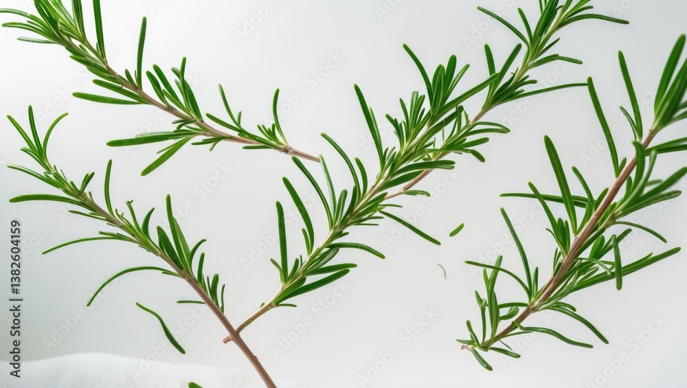 Obraz premium Fresh green rosemary herb dropping in the air, isolated against a white background.