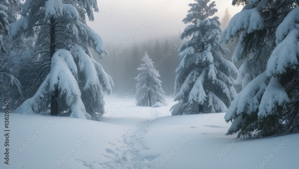 Fototapeta premium Foggy scenery featuring fir trees