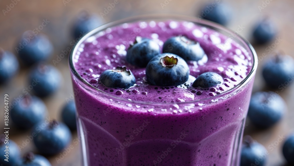 A smoothie made with blueberries and garnished with fresh blueberries. A smoothie made with blueberries and garnished with fresh blueberries.
