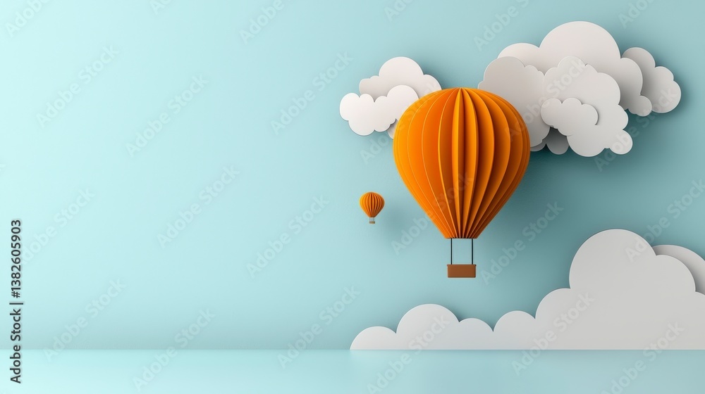 Obraz premium Colorful Hot Air Balloons Floating Above a Blue Sky with Paper Clouds in a Minimalist Style for Creative Projects