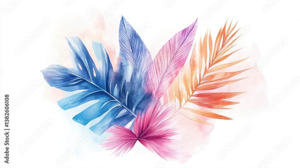 Tropical leaf arrangement in soft pastels with gentle shading on white background. Generative AI Tropical leaf arrangement in soft pastels with gentle shading on white background. Generative AI