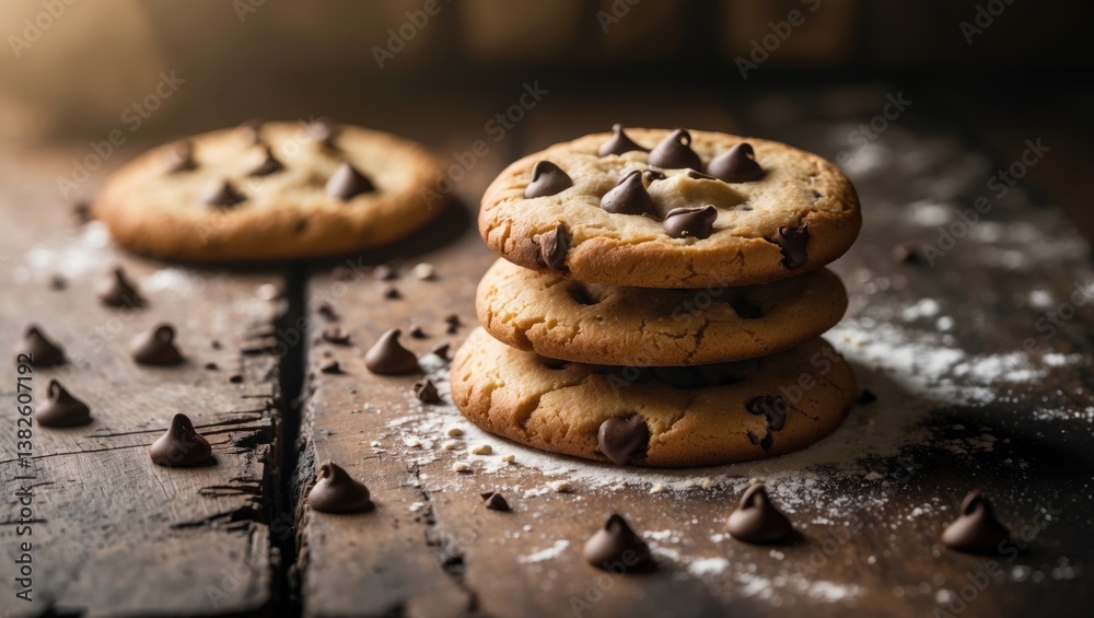 Delicious chocolate chip cookies arranged on a rustic wooden surface, highlighting their gooey texture, with a cozy, inviting atmosphere. Delicious chocolate chip cookies arranged on a rustic wooden surface, highlighting their gooey texture, with a cozy, inviting atmosphere.